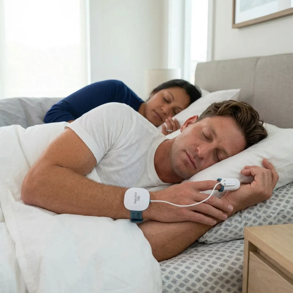 Patient sleeping comfortably at home wearing the lightweight WatchPAT wrist monitor