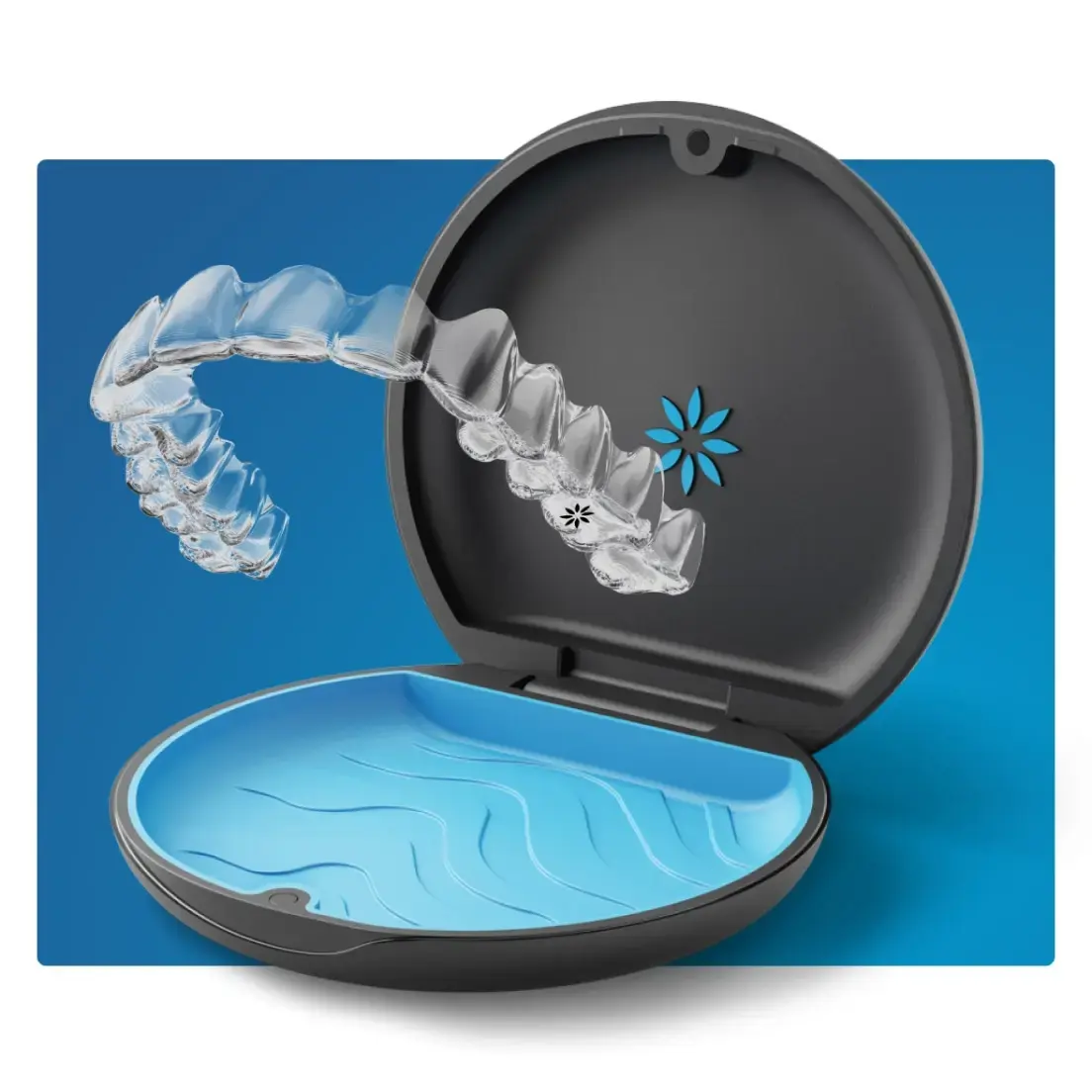 Clear Invisalign aligners beside their protective case