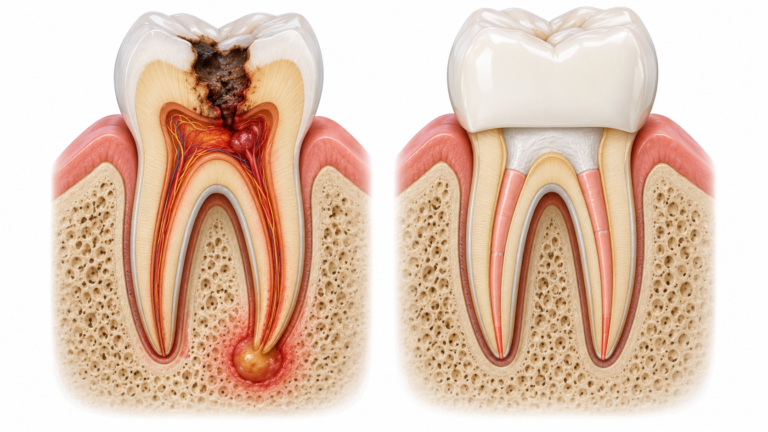 Illustration of a molar with an abscess before root canal treatment and a root-filled tooth protected by a crown after treatment