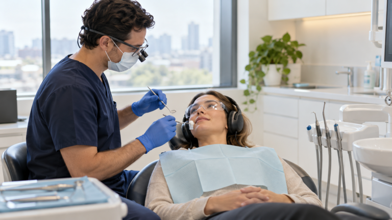 Relaxed patient wearing headphones during root canal treatment