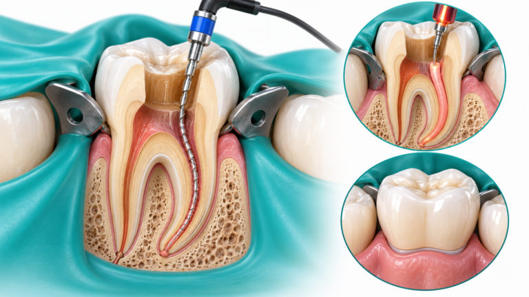 Illustration of rubber dam isolation, root canal cleaning and a protective crown